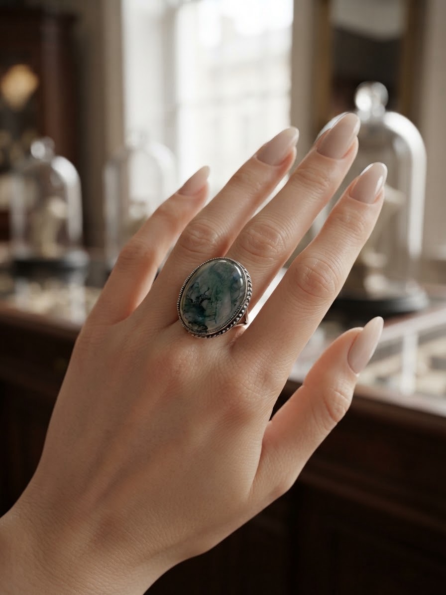Vintage Moss Agate Silver Statement Ring – UK K½ / US 5.25