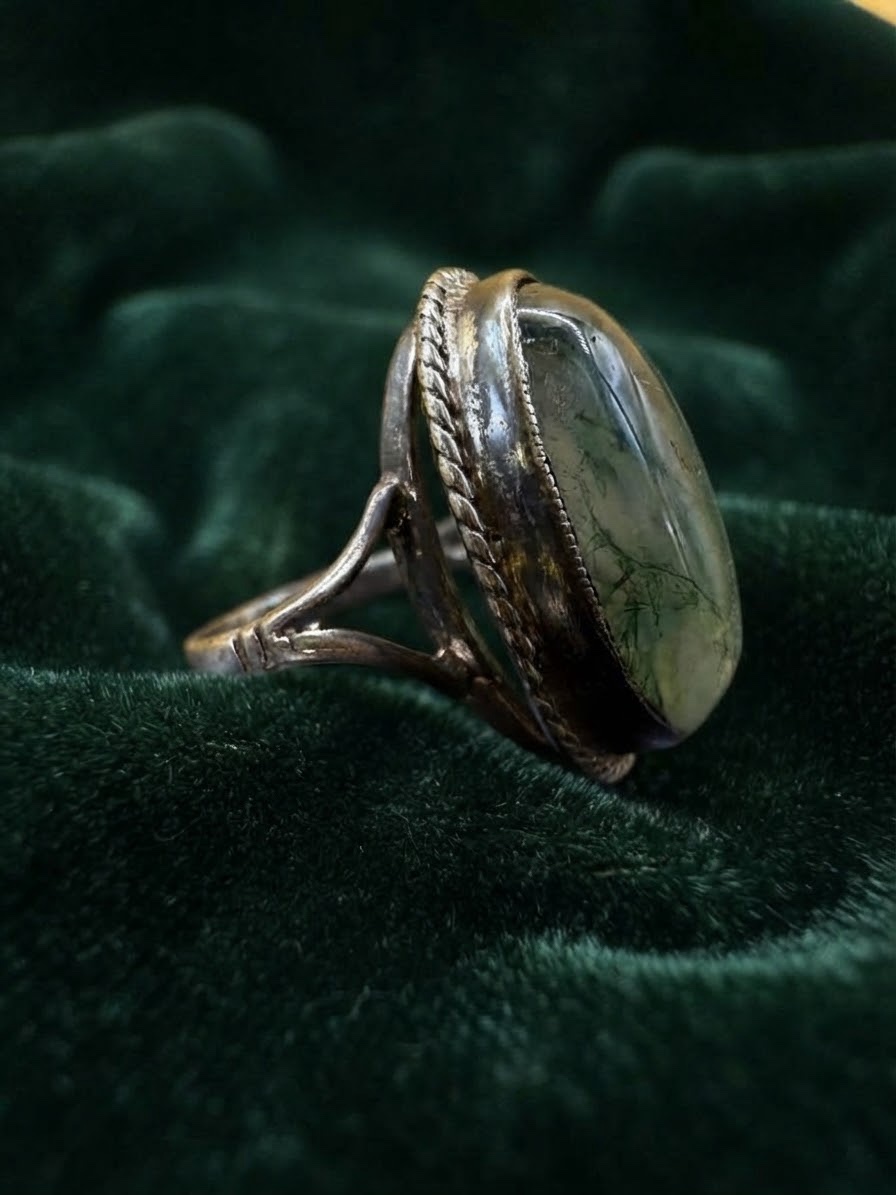 Vintage Moss Agate Silver Statement Ring – UK K½ / US 5.25