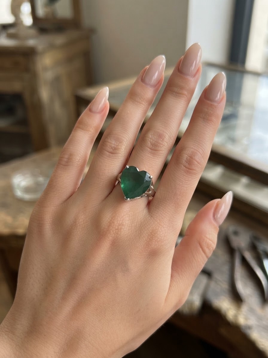 Sterling Silver 925 Green Onyx Heart Ring, Filigree Setting, UK Size P