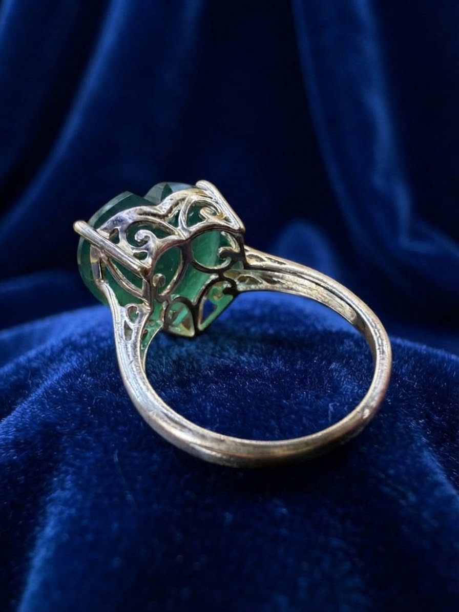 Sterling Silver 925 Green Onyx Heart Ring, Filigree Setting, UK Size P