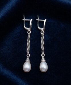 Sterling Silver 925 Freshwater Pearl Drop Earrings – Double Chain – English Lock~217