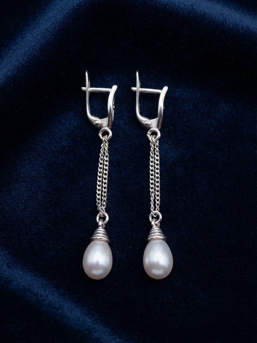 Sterling Silver 925 Freshwater Pearl Drop Earrings – Double Chain – English Lock~217