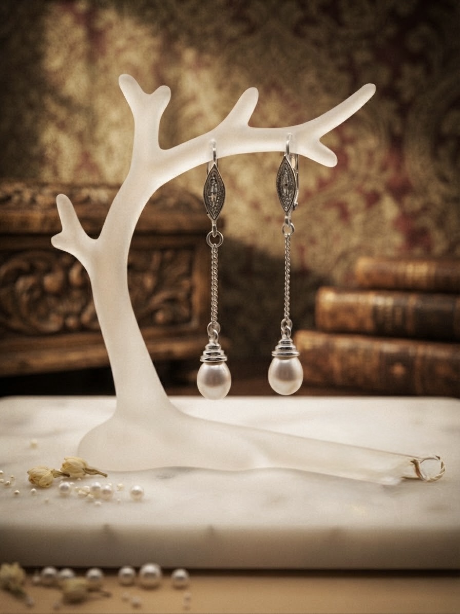 Sterling Silver 925 Freshwater Pearl Drop Earrings – Double Chain – English Lock~217