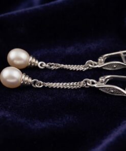 Sterling Silver 925 Freshwater Pearl Drop Earrings – Double Chain – English Lock~217