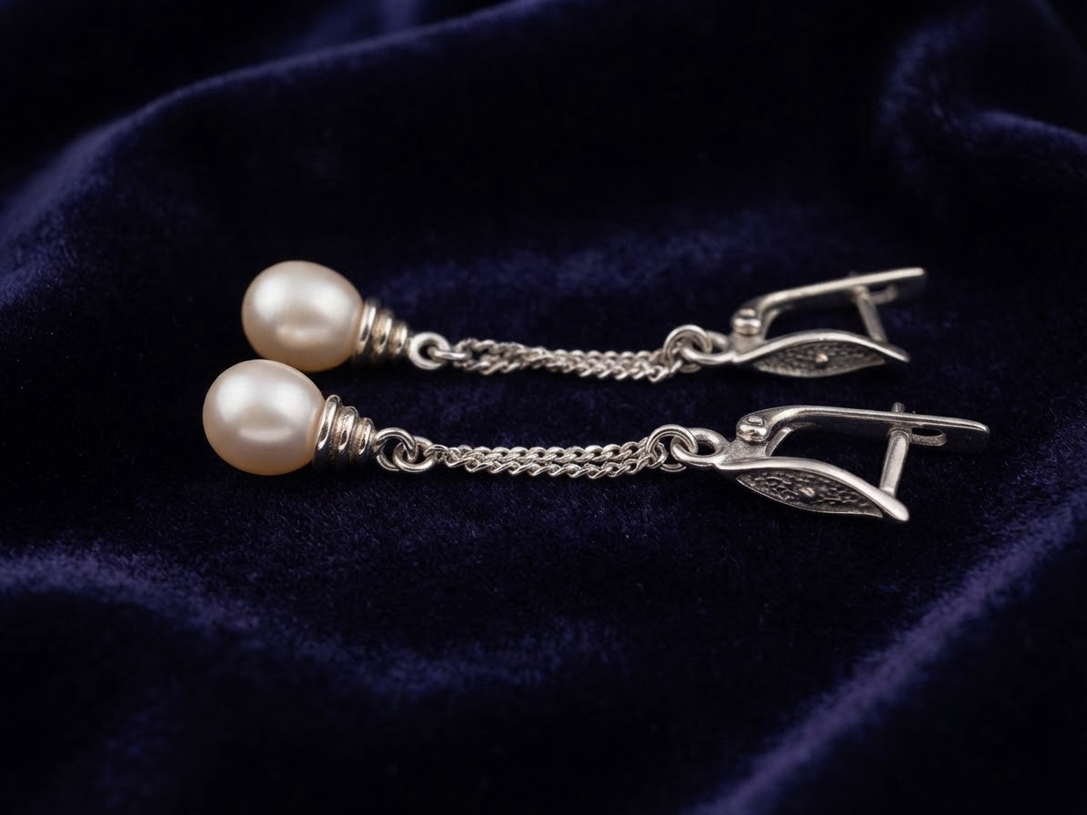 Sterling Silver 925 Freshwater Pearl Drop Earrings – Double Chain – English Lock~217