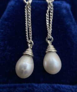 Sterling Silver 925 Freshwater Pearl Drop Earrings – Double Chain – English Lock~217