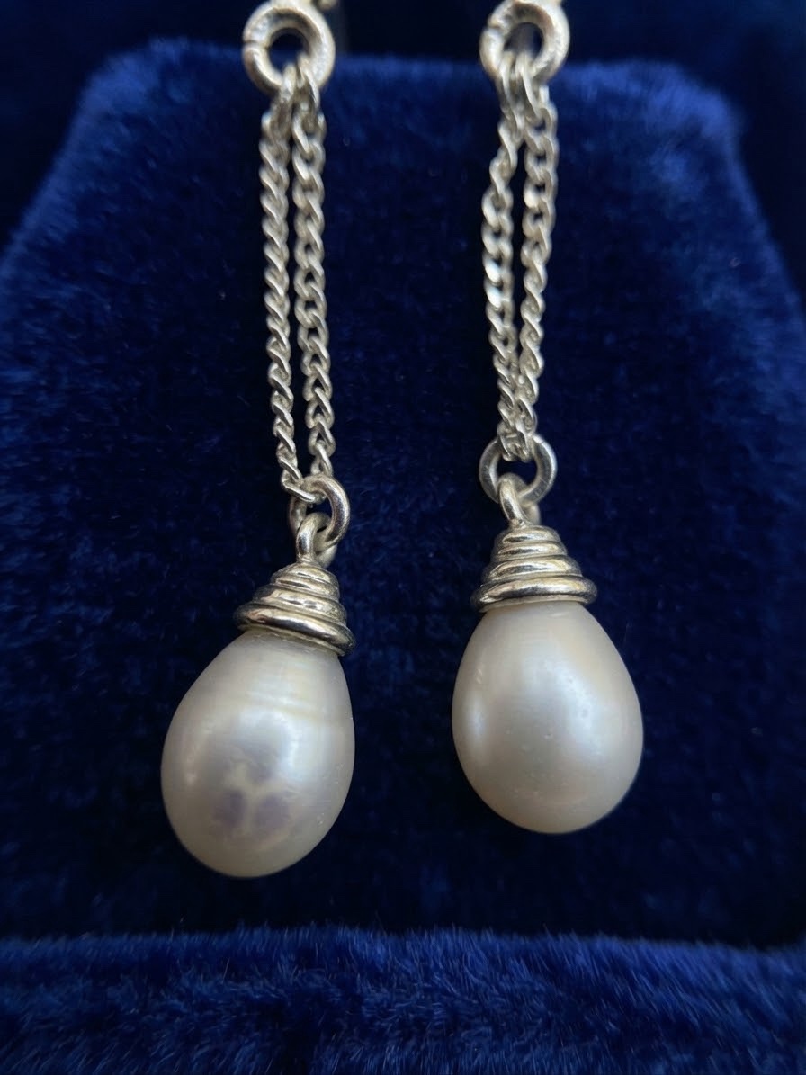 Sterling Silver 925 Freshwater Pearl Drop Earrings – Double Chain – English Lock~217