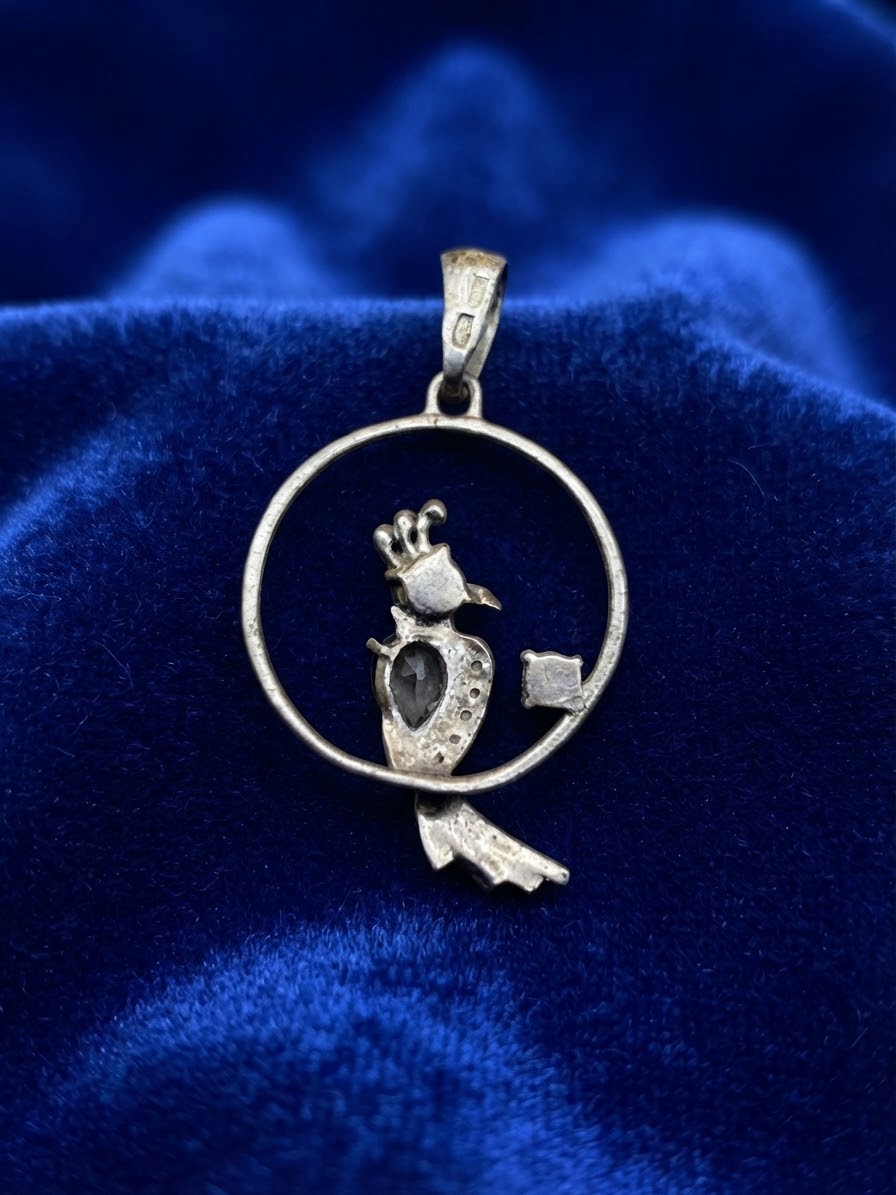 Vintage 925 Sterling Silver Parrot on Hoop Pendant with Coloured Stones~217