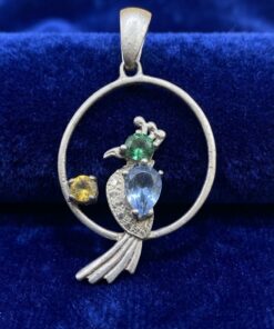 Vintage 925 Sterling Silver Parrot on Hoop Pendant with Coloured Stones~217