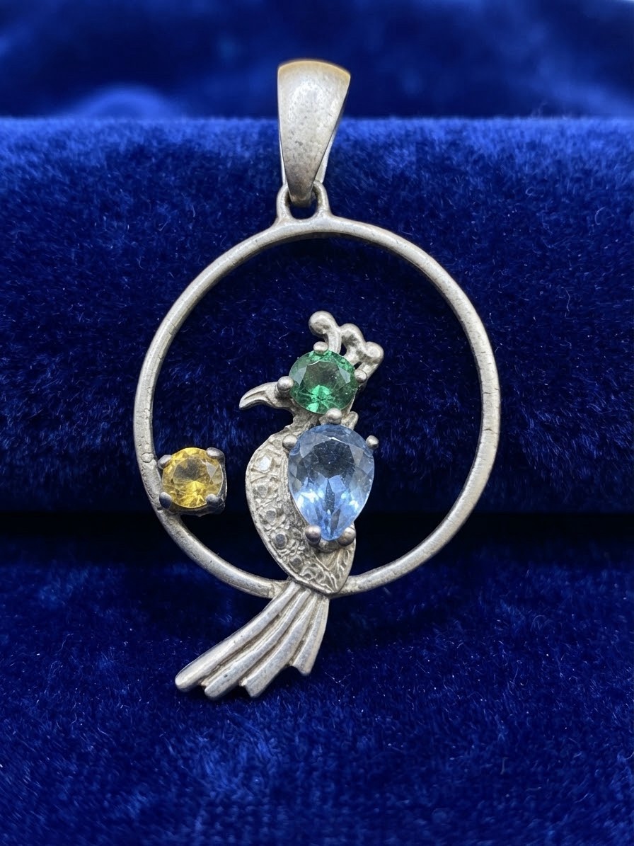 Vintage 925 Sterling Silver Parrot on Hoop Pendant with Coloured Stones~217