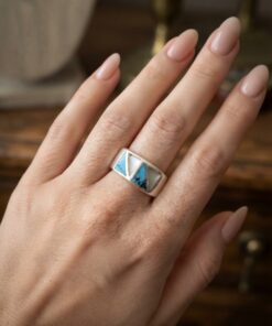 Vintage 925 Sterling Silver Band Ring with Turquoise & Mother of Pearl Inlay – Size P~207