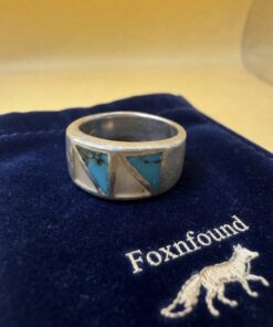 Vintage 925 Sterling Silver Band Ring with Turquoise & Mother of Pearl Inlay – Size P~207