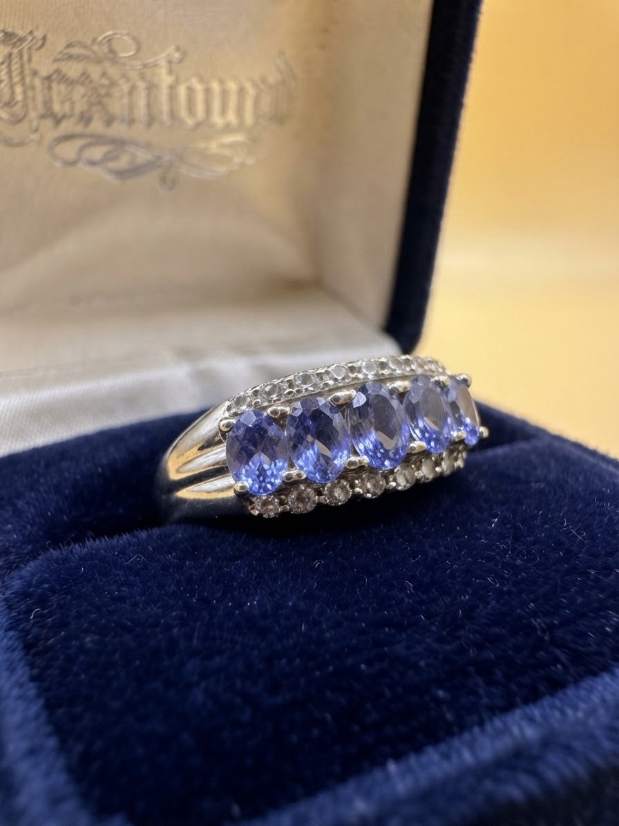 ~Sterling Silver 925 Tanzanite Five Stone Ring with White Stone Accents – Size O ~207