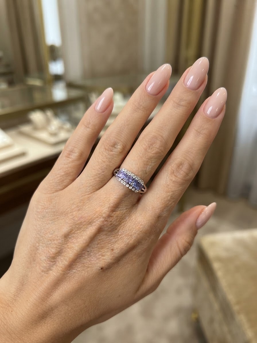 ~Sterling Silver 925 Tanzanite Five Stone Ring with White Stone Accents – Size O ~207