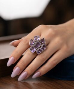 Sterling Silver 925 Amethyst Cluster Statement Ring – Size O½ – 13g