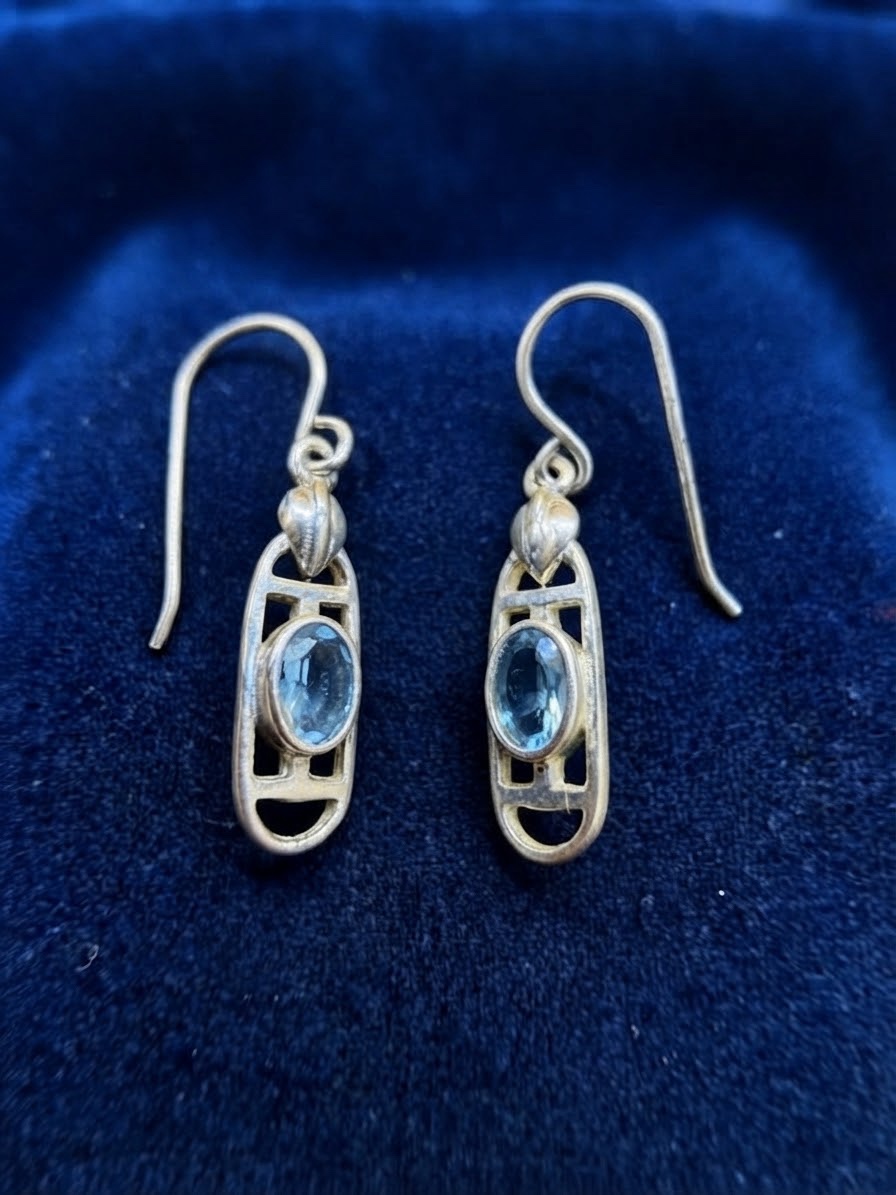 Vintage Sterling Silver 925 Blue Topaz Drop Earrings, Mackintosh Style Art Nouveau~207
