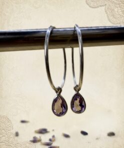 925 Sterling Silver Hoop Earrings with Amethyst Teardrop Charms~201