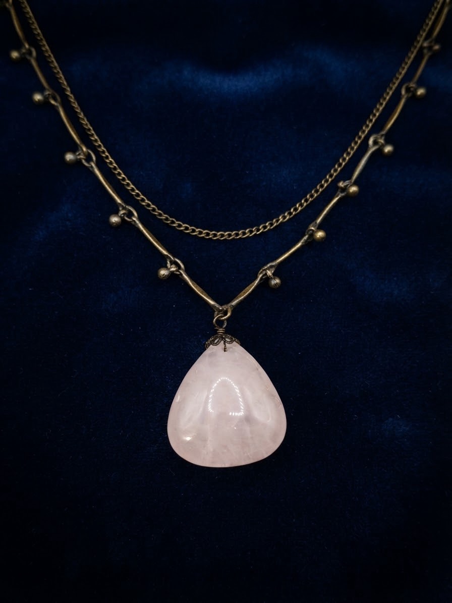 Vintage Style Rose Quartz Teardrop Pendant Necklace – Antique Bronze Tone Chain, 90 cm