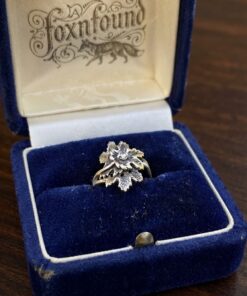 Vintage Sterling Silver 925 Flower Leaf Ring Clear Stone Oxidised Botanical~218