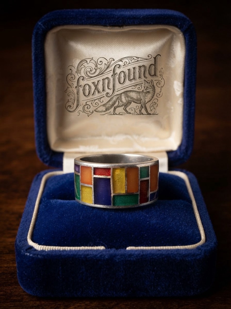 Sterling Silver 925 Enamel Mosaic Wide Band Ring Size UK R 7.42g Mondrian~218