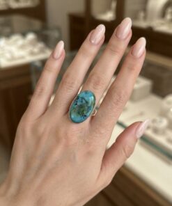 Large Sterling Silver 925 Spiderweb Turquoise Oval Ring Size UK N½ 8.64g