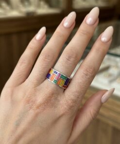 Sterling Silver 925 Enamel Mosaic Wide Band Ring Size UK R 7.42g Mondrian~218