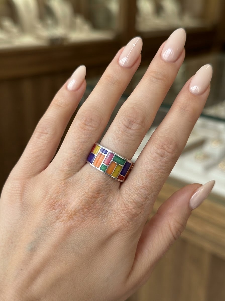 Sterling Silver 925 Enamel Mosaic Wide Band Ring Size UK R 7.42g Mondrian~218