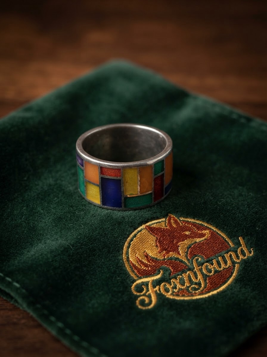 Sterling Silver 925 Enamel Mosaic Wide Band Ring Size UK R 7.42g Mondrian~218