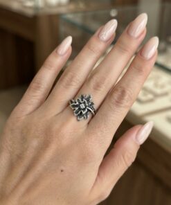 Vintage Sterling Silver 925 Flower Leaf Ring Clear Stone Oxidised Botanical~218