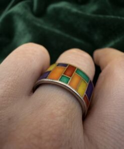 Sterling Silver 925 Enamel Mosaic Wide Band Ring Size UK R 7.42g Mondrian~218