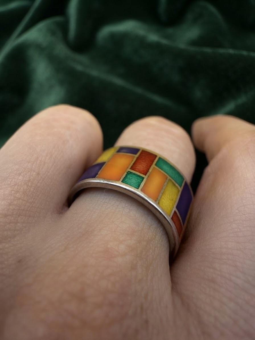 Sterling Silver 925 Enamel Mosaic Wide Band Ring Size UK R 7.42g Mondrian~218