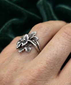 Vintage Sterling Silver 925 Flower Leaf Ring Clear Stone Oxidised Botanical~218
