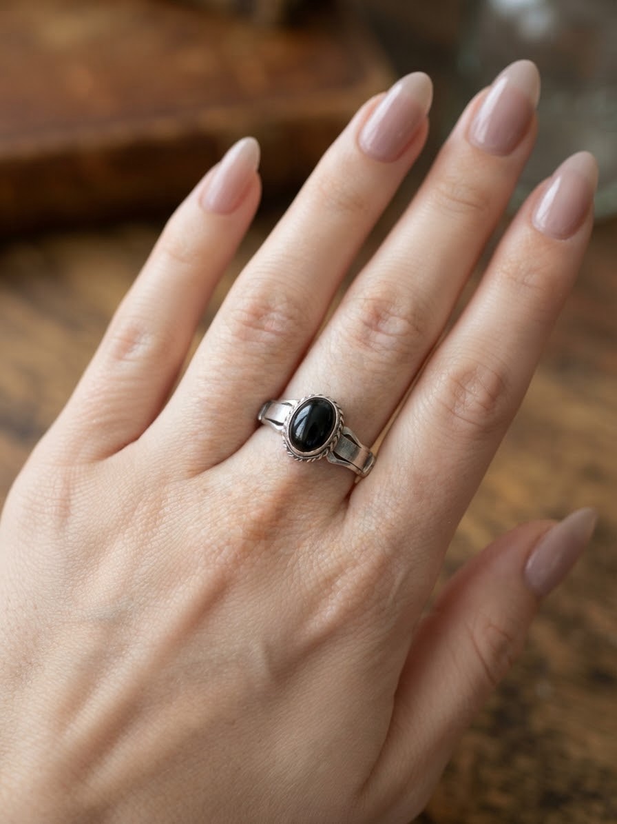 Vintage Sterling Silver 925 Black Onyx Ring Size P / US 7.75~218