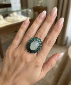 Vintage 925 Sterling Silver Chalcedony & Green Aventurine Cluster Ring UK N / US 7
