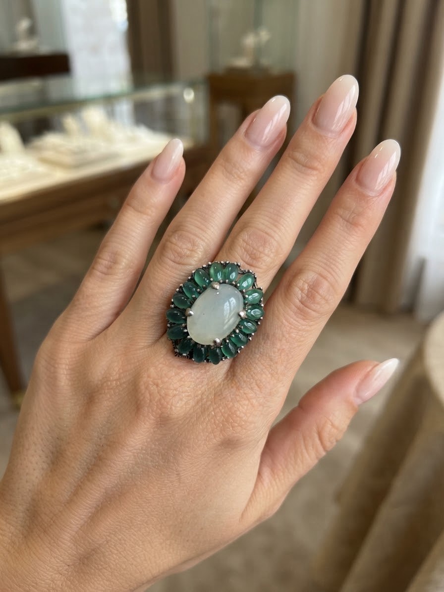 Vintage 925 Sterling Silver Chalcedony & Green Aventurine Cluster Ring UK N / US 7