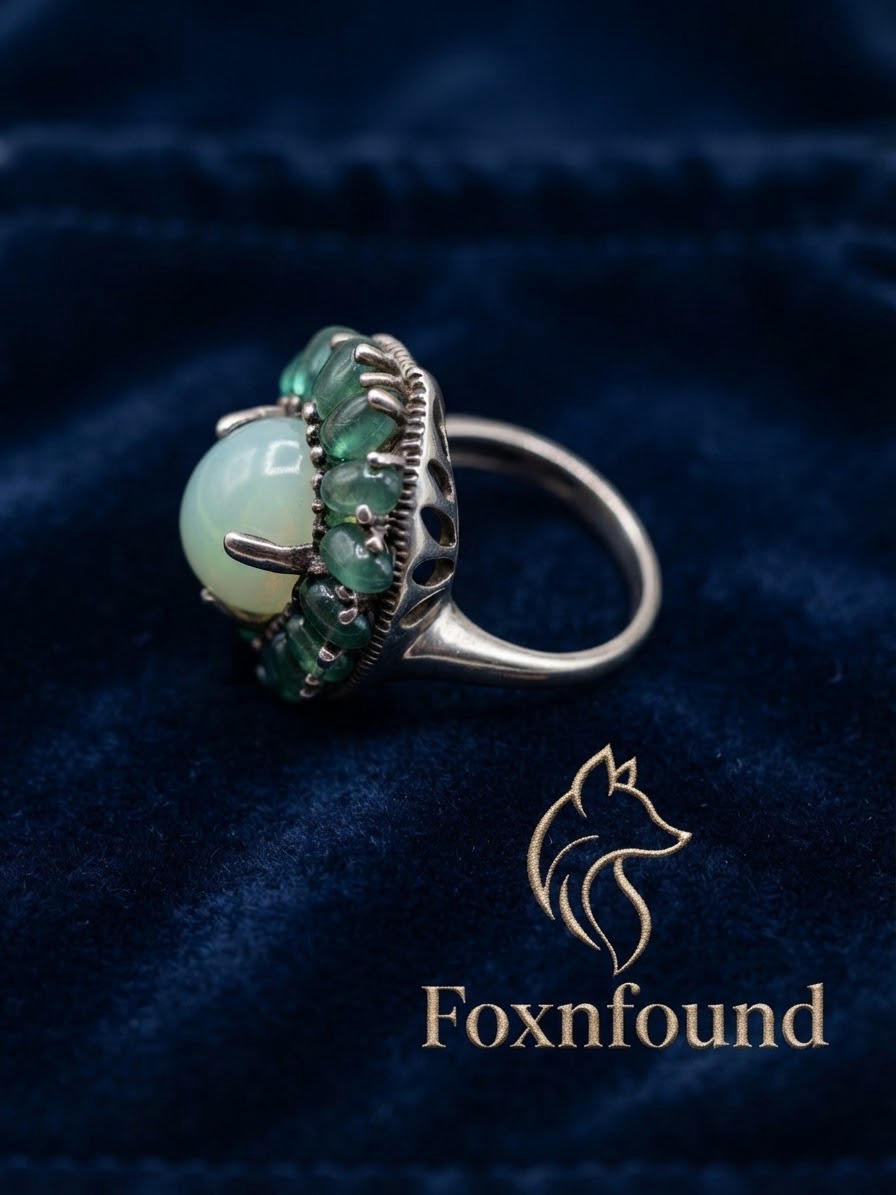Vintage 925 Sterling Silver Chalcedony & Green Aventurine Cluster Ring UK N / US 7