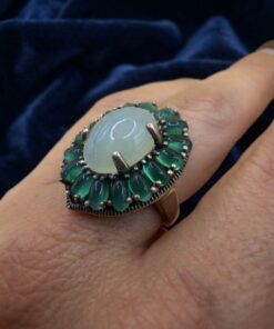 Vintage 925 Sterling Silver Chalcedony & Green Aventurine Cluster Ring UK N / US 7