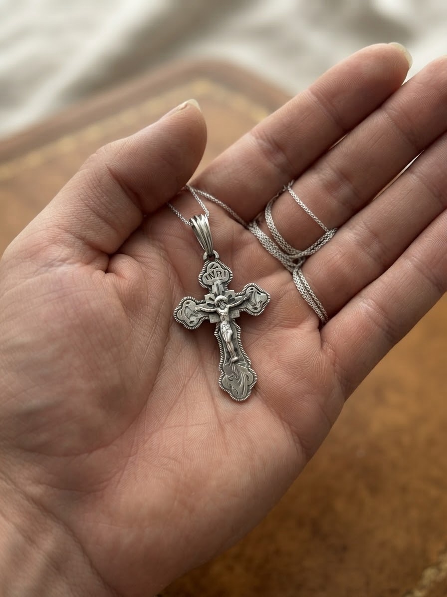 Vintage Soviet 925 Sterling Silver Orthodox Crucifix Pendant~219