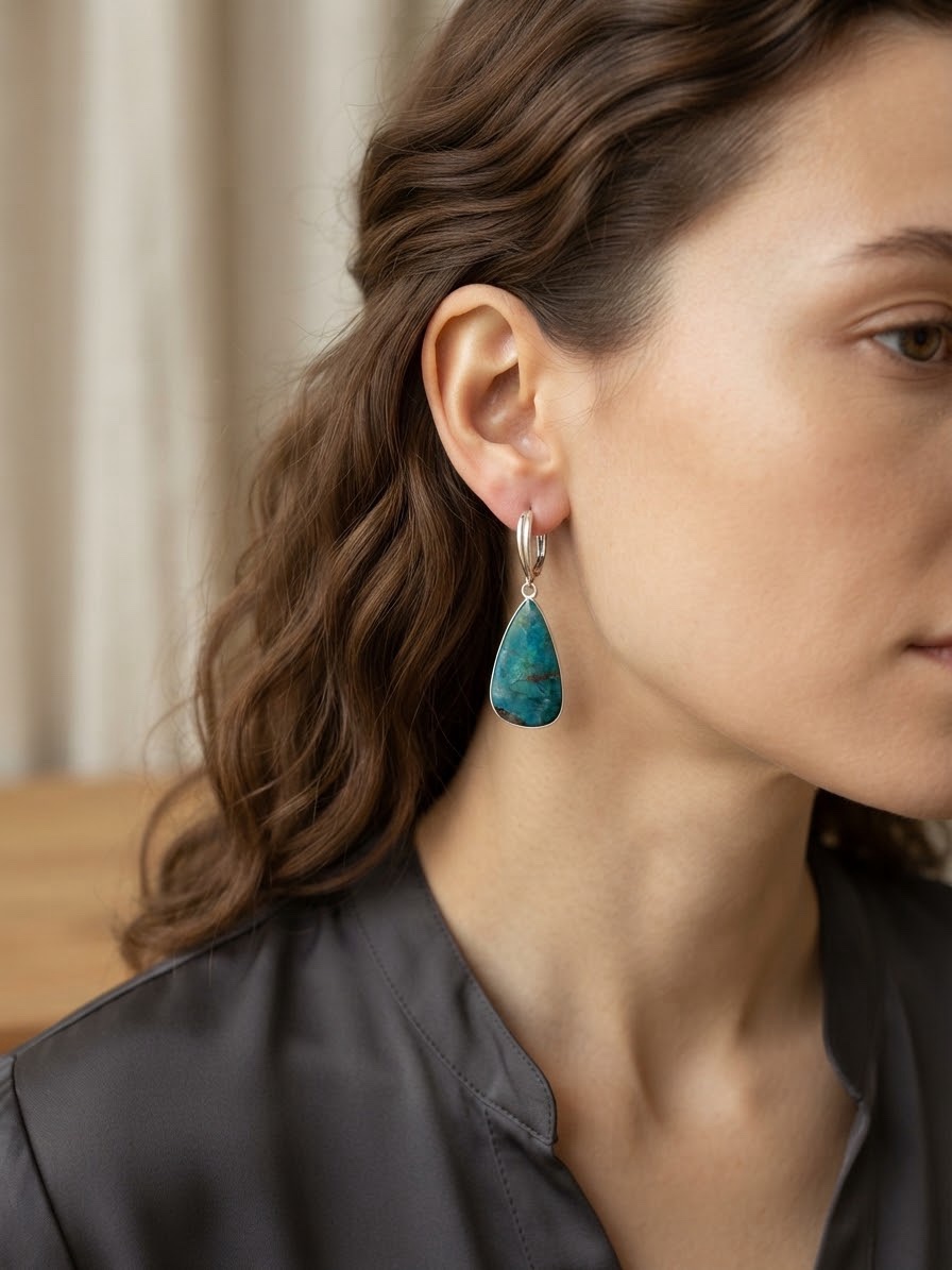 Artisan 925 Sterling Silver Dangle Earrings with Natural Chrysocolla~215