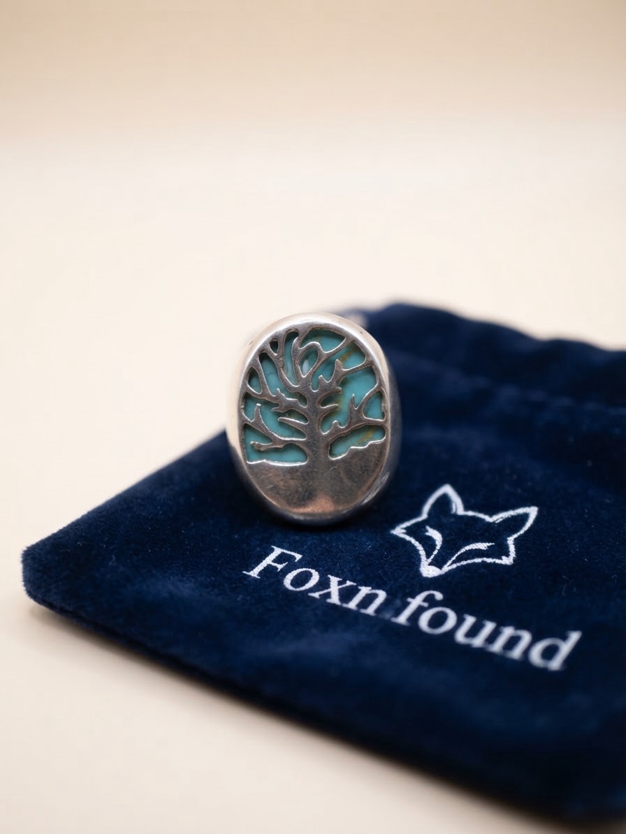Sterling Silver Tree of Health Turquoise Signet Ring Size N / US 7