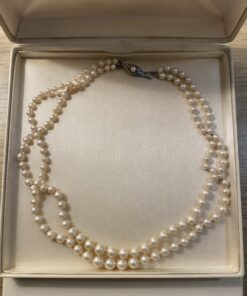 Vintage 1930s English Double Strand Graduated Pearl Necklace & Box | Silver Clasp