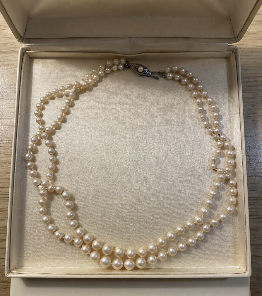 Vintage 1930s English Double Strand Graduated Pearl Necklace & Box | Silver Clasp