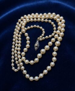 Vintage 1930s English Double Strand Graduated Pearl Necklace & Box | Silver Clasp