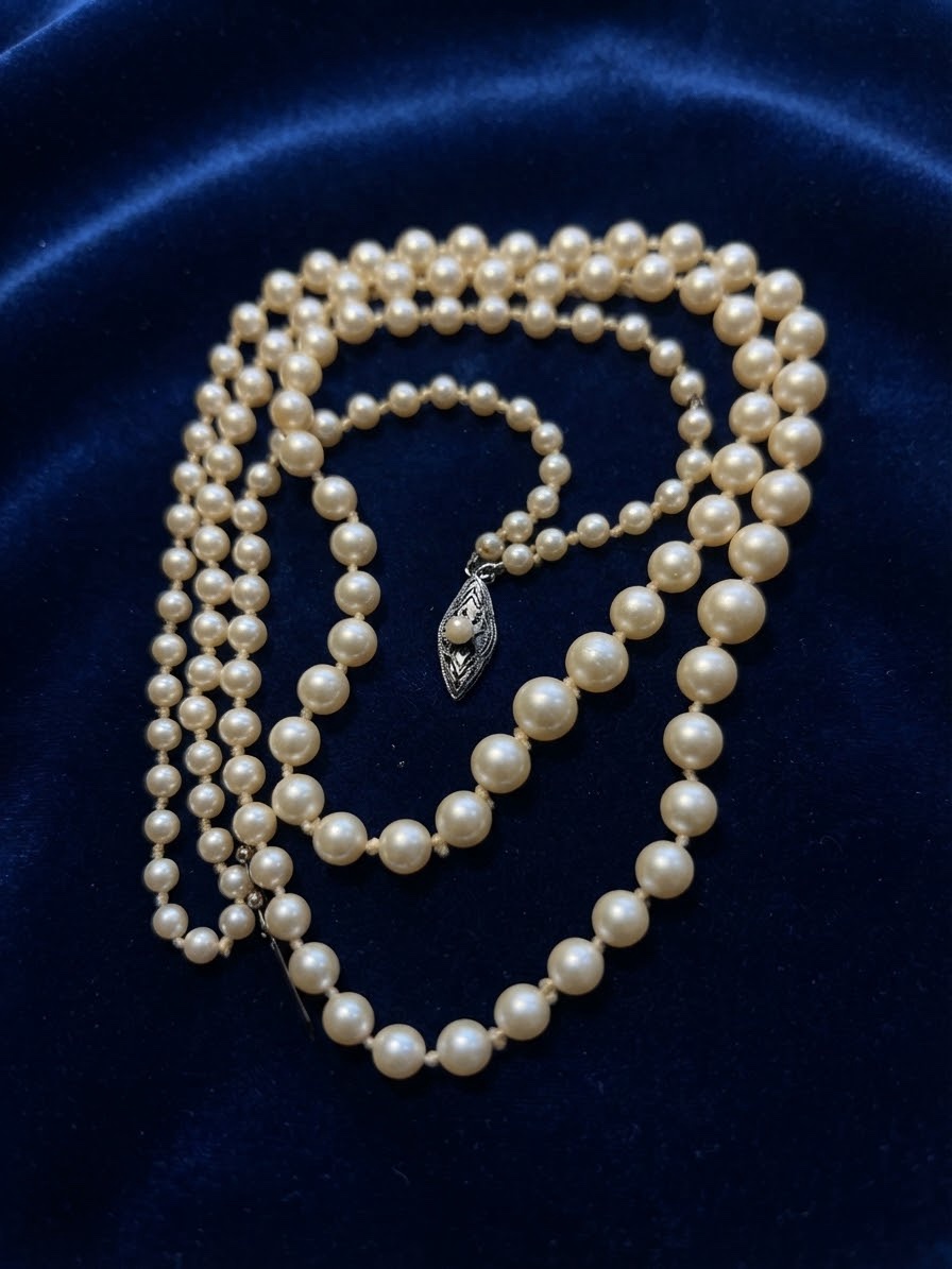 Vintage 1930s English Double Strand Graduated Pearl Necklace & Box | Silver Clasp