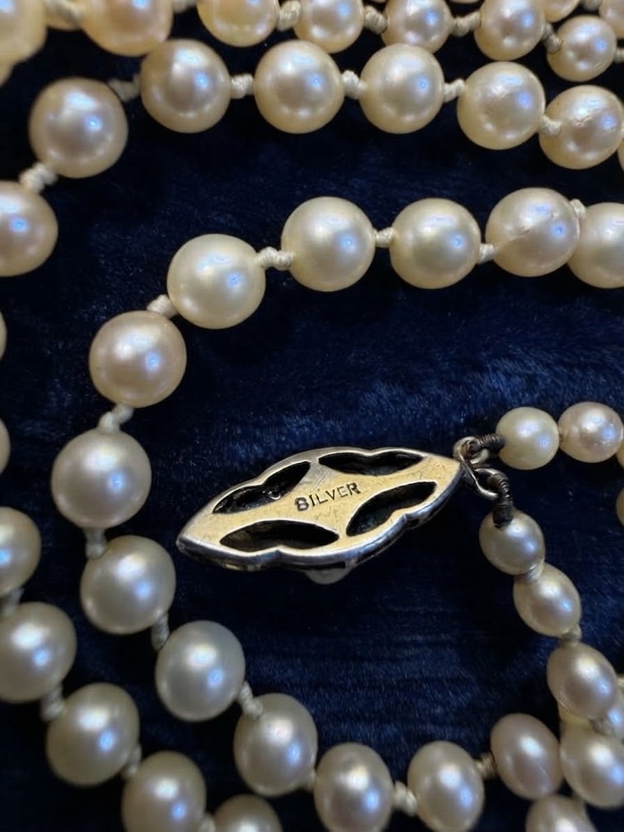 Vintage 1930s English Double Strand Graduated Pearl Necklace & Box | Silver Clasp