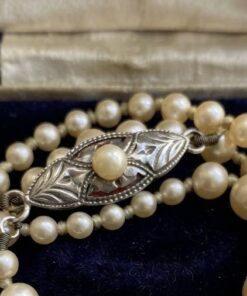 Vintage 1930s English Double Strand Graduated Pearl Necklace & Box | Silver Clasp