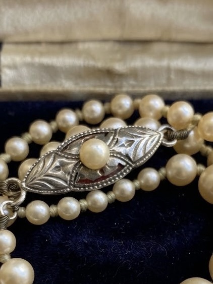 Vintage 1930s English Double Strand Graduated Pearl Necklace & Box | Silver Clasp
