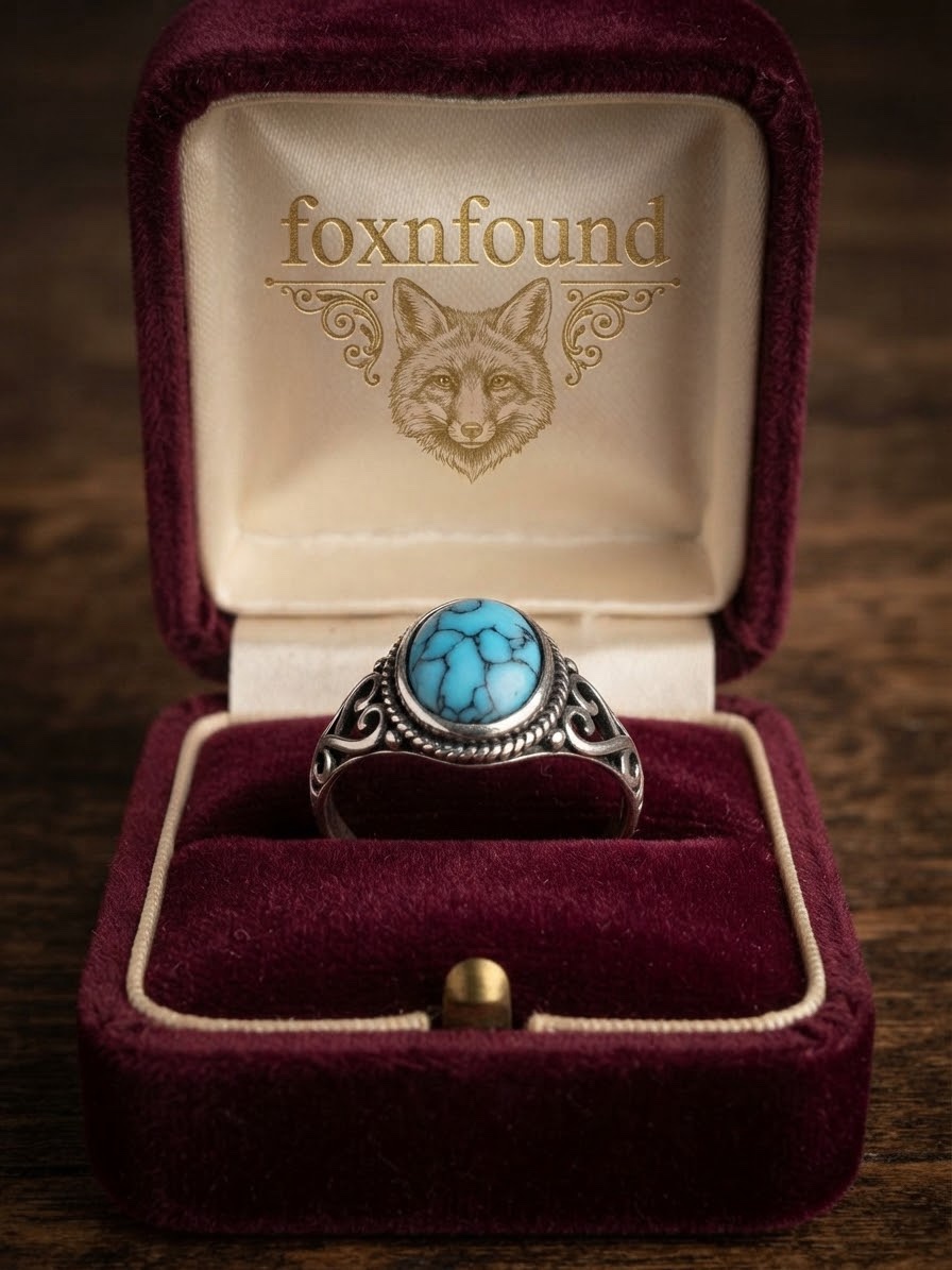 Vintage Style Blue Turquoise Ornate Silver Ring Size P~220
