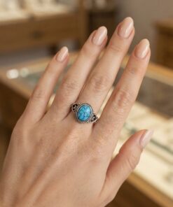 Vintage Style Blue Turquoise Ornate Silver Ring Size P~220