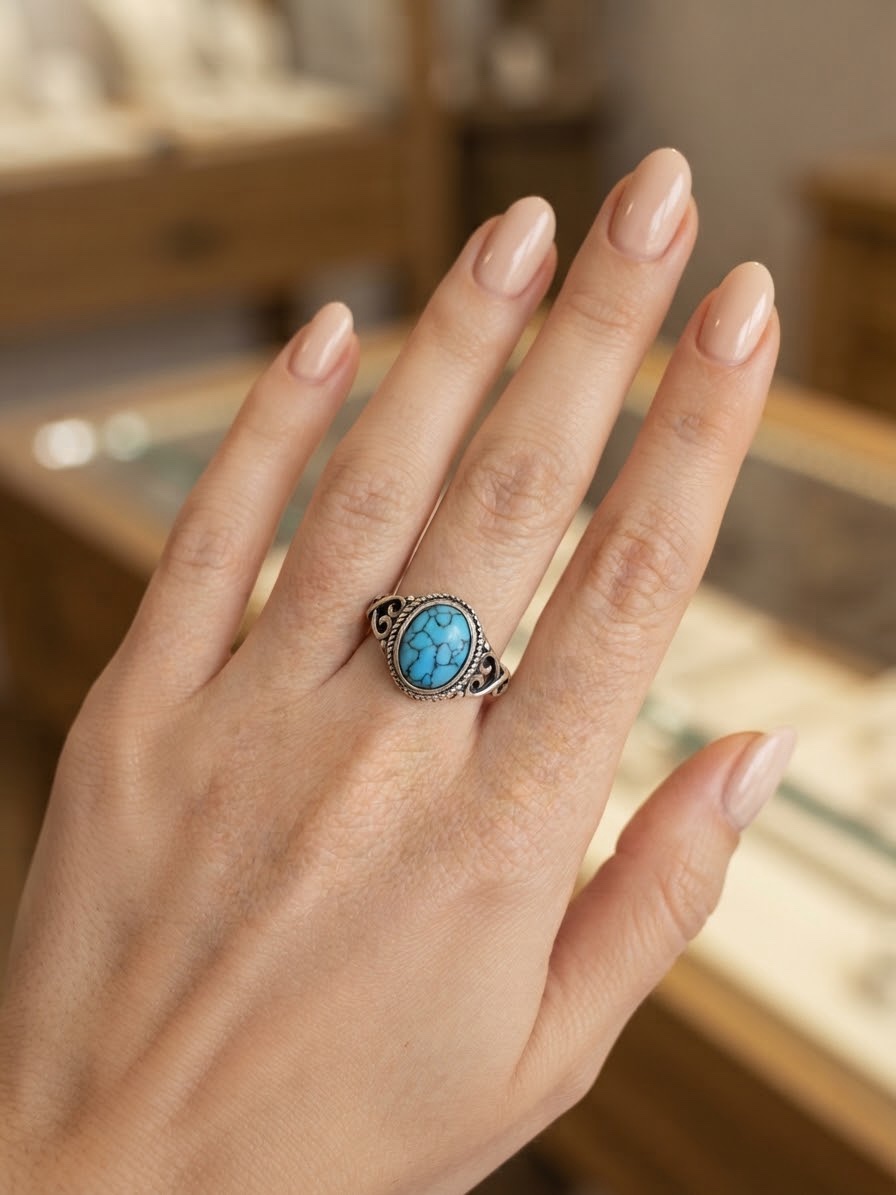 Vintage Style Blue Turquoise Ornate Silver Ring Size P~220